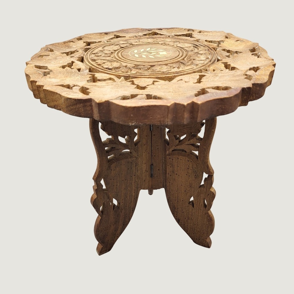 Vintage Wood Plant Stand Home Decor Hand Carved Floral Inlay Brown India 12"Tall